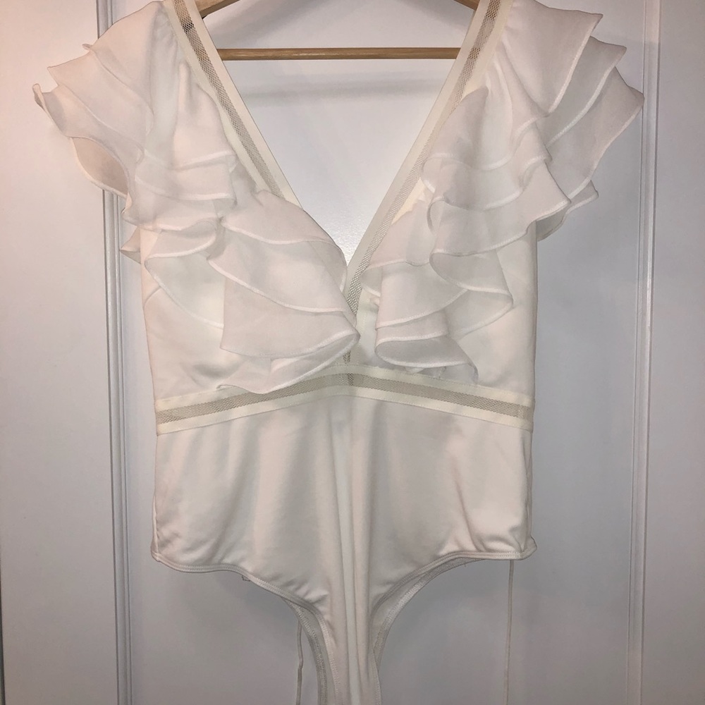 Ruffled deep plunge bodysuit